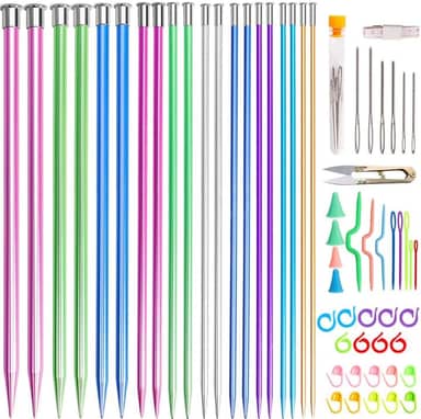 tchrules Conjunto de 64 agulhas de tricô, 20 peças, conjunto de agulhas de tricô de alumínio, coloridas, retas e pontiagudas, tamanho 3-10 mm, 34,8 cm, para tricô feito à mão com acessórios de tricô