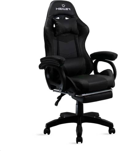 Cadeira Gamer Preto Healer Level Reclinável Giratória com apoio de pés