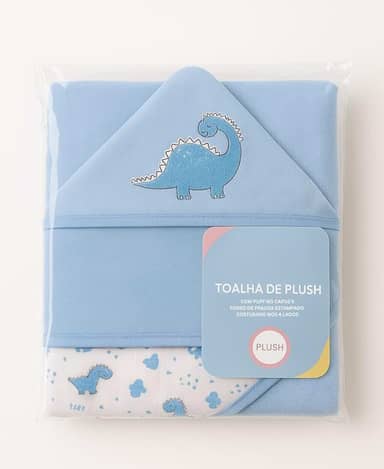 Toalha de banho bebe plush felpuda macia marca Bublim com forro de fralda e capuz enxoval de bebê infantil menino menina 68 x 68 cm (Azul - Dinossauro)