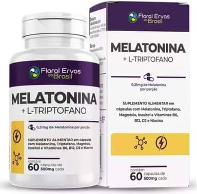 Melatonina + L Triptofano + Niacina + Vit B6 B12 D3 500mg Puro 60Cáps Floral Ervas