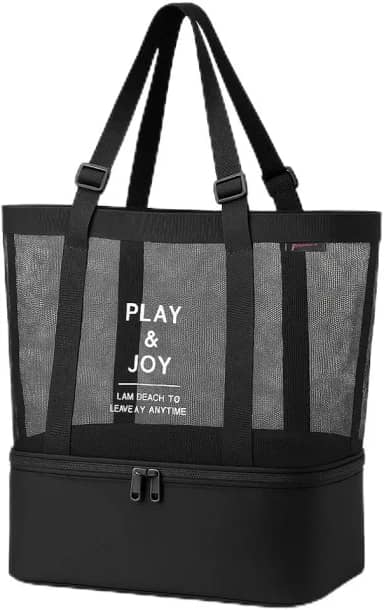 Bolsa de Praia de Rede Ventilada com Compartimento Térmico Isolado, Zíper Seguro e Alças Ajustáveis Reforçadas