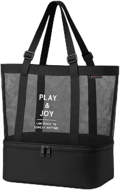 Bolsa de Praia de Rede Ventilada com Compartimento Térmico Isolado, Zíper Seguro e Alças Ajustáveis Reforçadas