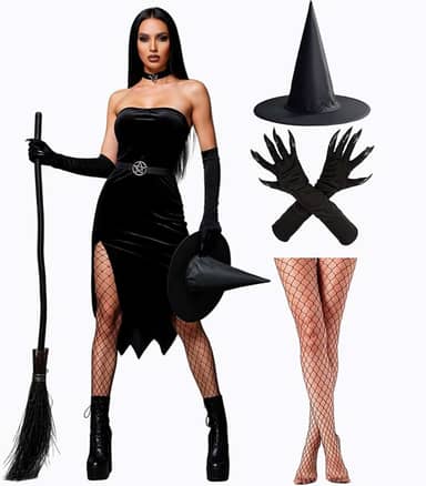 Kit Fantasia Bruxa Adulta Feminina de Halloween Barata Chapéu Preto Luva com Garra e Meia Calça Arrastão