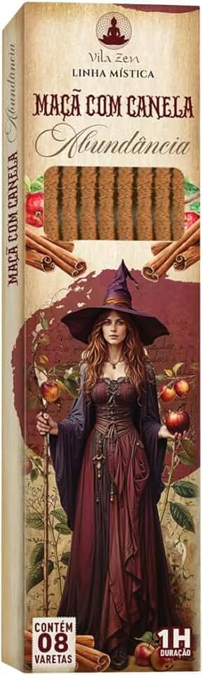 Incenso Vila Zen Linha Mística Bruxas, Incenso Natural Sem Carvão - Caixinha com 8 Varetas cada (MAÇÃ COM CANELA - Abundância)