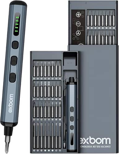 Chave de Fenda Elétrica de Precisão Portátil Exbom PRO-CKE6800, Sem Fio, Aço, 200 RPM, 3.7V, Bateria de Íon de Lítio, 35 Nm, 10mm, 68 Em 1 Bits, 28mm e 45mm