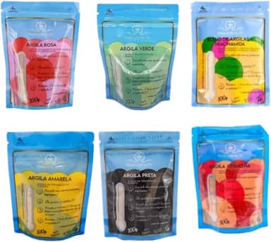 Kit Completo de Argilas Naturais, 6 Tipos para Tratamento Facial, Preta, Vermelha, Amarela, Verde, Rosa e Blend com Niacinamida, 100g Cada, Vegano