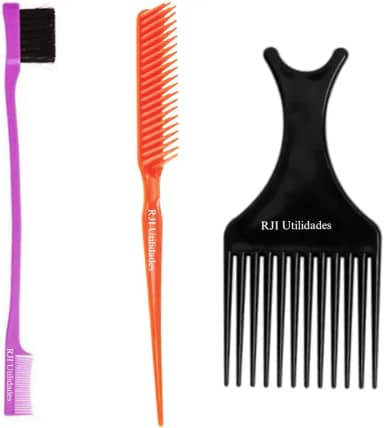 Kit Pente Cabelo Garfo Afro Black + Pente 3 Fileiras Fitagem + Baby Hair Sombrancelha Pentinho 2 em 1 - RJI Utilidades