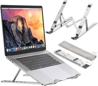 Suporte para Notebook e Tablet em Alumínio Dobrável – Altura Ajustável com 6 Níveis, Portátil, Compatível com Modelos de 10" a 17", Base Ergonômica com Estojo de Transporte