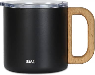LUMAI Caneca Térmica Vietnã 350ml Aço Inoxidável, Parede Dupla Isolada a Vácuo, Mantém Bebidas Quentes ou Frias por Horas, Tampa Vedada Antivazamento, Alça de Madeira – Preto