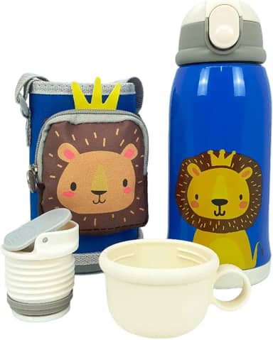 Garrafa Térmica Infantil Bebê Escola Parede Dupla Inox 550ML 2em1 +Suporte (AZUL)