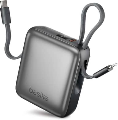 Basike Carregador Portátil 10000mAh, Mini Power Bank com Cabos Integrados, Carregamento Rápido 22.5W(MAX), Pequeno, Led Indicador de Bateria para iPhone/Samsung/Huawei/Xiaomi, etc (Cinza)