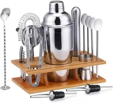 Doaf - Conjunto de Coqueteleira Inox com 13 Peças + Suporte Madeira Prata