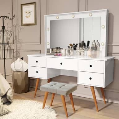 Penteadeira Camarim Com Banqueta Com Led Espelho Resistente Moderna Decorativa Madeira MDF Maquiagem (Branco)