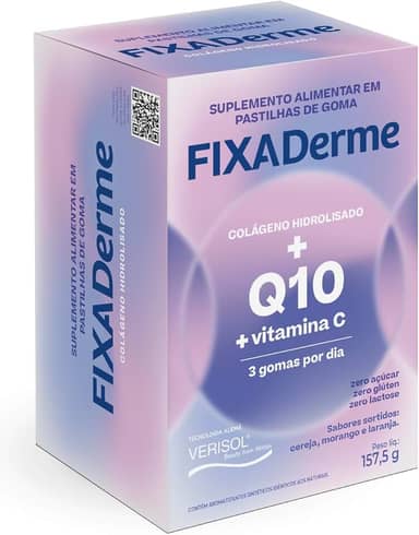 Fixaderme – Suplemento Alimentar de Colágeno Hidrolisado Verisol®, Coenzima Q10 E Vitamina C em gomas mastigáveis – Sem açúcar – Sabores sortidos de frutas – 1 Caixa com 45 gomas mastigáveis