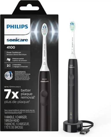 Philips Sonicare Escova de dentes elétrica recarregável 4100, com sensor de pressão, 2 configurações de intensidade, SmarTimer e QuadPacer, vida útil da bateria de 14 dias, preta, modelo HX3681/24