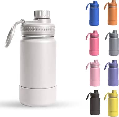 Garrafa Térmica Infantil - 350ml, Aço Inox 304 Parede Dupla de Isolamento 24horas Gelado, Tampa Rosca De Segurança, Anti Vazamento, Base Silicone AntiDerrapante, BPA Free (Branco)