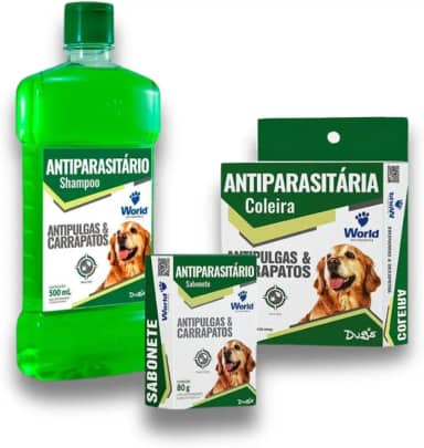 Shampoo Sabonete e Coleira Dugs Antipulgas Carrapatos Para Cães World Veterinária