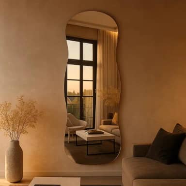 Espelho Aura Orgânico Lopazzi 90x40cm com Suporte Banheiro Quarto Sala Design Moderno Vidro Polido Decorativo Instalação Vertical e Horizontal