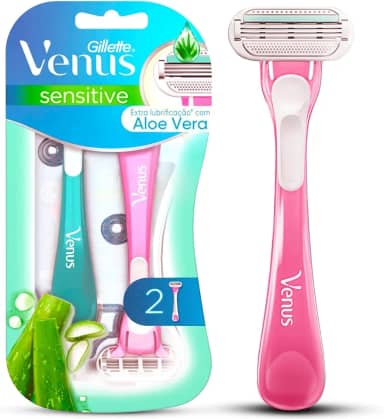 GILLETTE Venus Sensitive, Aparelho de Depilação Feminino, 2 Aparelhos Descartáveis com um toque de aloe vera, Depilação Corporal para Pele Sensível
