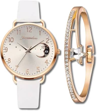 Conjunto Relógio Feminino com Pulseira Estrela "Inspiration" – Quartzo – Couro – Cristais Zircônia – Elegante e Delicado – Acompanha Caixinha