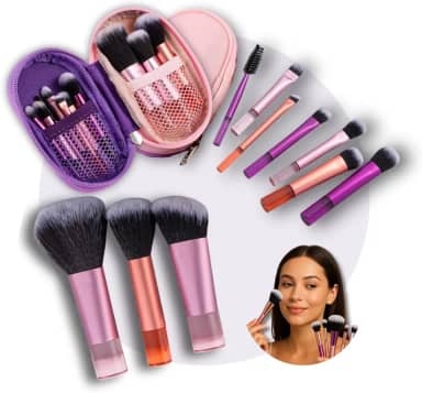 Kit 10 Mini Pincéis de Maquiagem com Estojo Cerdas Sintéticas Macias, Portátil e Completo para Base, Pó, Blush, Corretivo e Sombras – Para Viagem Travel Size Ideal para Presente, Uso Diário e Adolescentes - PREMIUM