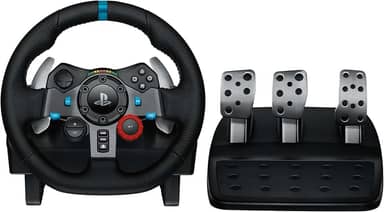 Logitech G Volante de corrida e pedais de chão 29 Driving Force, feedback de força real, câmbio de aço inoxidável, capa de volante de couro para PS5, PS4, PC, Mac - Preto