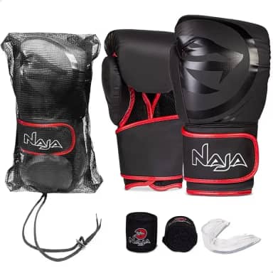 Luva de Boxe e Muay Thai Naja Black Line + Bandagem + Protetor Bucal + Bolsa (14oz, Red)