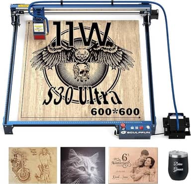 SCULPFUN S30 Ultra 11W Máquina de Gravação a Laser CNC Cortador a Laser com Área de Gravação Grande de 600 x 600 mm Assistência Automática de Ar Gravação de Alta Precisão de 0,005 mm