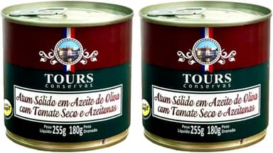 Atum Sólido Tours em Lata - Azeite de Oliva com Tomate Seco e Azeitonas - 2 Unidades de 255g Cada