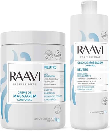 Kit Profissional Massagem, Óleo e Creme Neutro Corporal, Hipoalergênico, Raavi Livre de Parabenos e Silicone, 1kg e 1L, Alto Deslizamento, Hidratação Intensa