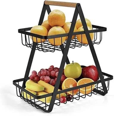 Fruteira Cesto de Mesa 2 Andares em Metal Preto com Alça de Madeira pequena – Cesta Organizadora de Frutas Decorativa para Cozinha e Sala (preto) Premium