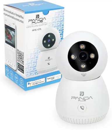 Câmera de Segurança Inteligente WiFi 3MP Giro 360 Visão Noturna Detecção de Movimento IA Áudio Bidirecional Alexa Google Assistente Babá Pet App PandaPlus Tuya Nuvem SD Bivolt Teto Mesa Parede