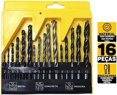 Jogo De Brocas Kit 16 Peças Com Estojo Madeira Ferro Concreto Metal Vidro Aço Para Furadeira e Parafusadeira