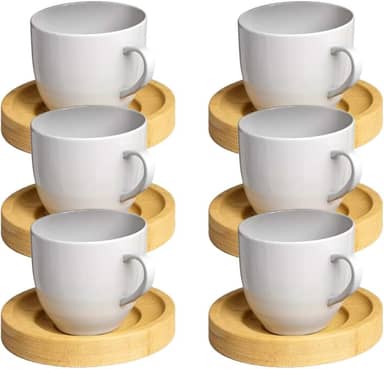 Jogo 6 Xicara Cafe Colorida Porcelana Pires Madeira 95ml - Mundo Da Porcelana (Branca)