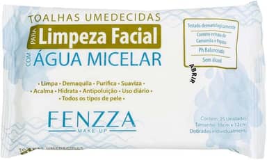 Toalhas Umedecidas Água Micelar Fenzza - Demaquilante Limpeza Profunda Sem Resíduos Oleosos - 25 Unidades - Prático Para Viagem