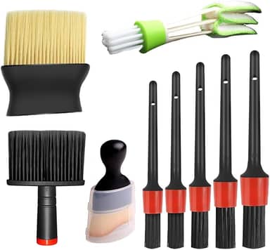 Conjunto de 9 escovas de limpeza de carro, espanador interno automotivo doméstico, contém 1 escova de cabelo macia redonda, 2 vassouras de limpeza de cerdas macias, 1 escova de fenda de cabeça dupla