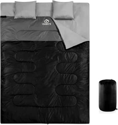 oaskys Saco de dormir duplo para adultos com 2 travesseiros – Queen Size GG Saco de dormir à prova d'água para todas as estações, acampamento, caminhada, mochilão, 2 pessoas, sacos de dormir para clima frio e quente