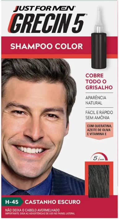Just For Men Grecin 5 Shampoo Tonalizante para Cabelo, Aparência Natural, Cor H45, Castanho Escuro, 60ml