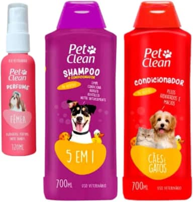 Pet Clean Kit Shampoo 5 em 1, Condicionador 700mL, Perfume 120mL para Cães e Gatos, Multicores, Líquido, Higiene Completa (Femea)