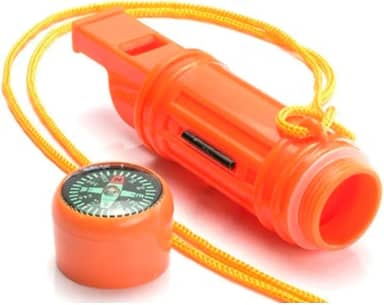 Apito de Emergência Sobrevivência Com Cordão 4 em 1 com Bússola, Pederneira, Espelho Sinalizador e Compartimento – Kit Multifuncional para Trilha, Resgate Salva-Vidas, Pesca, Barco, Acampamento e Caça