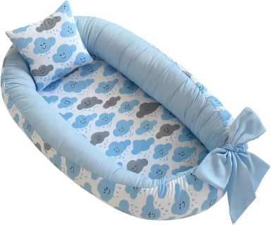 Ninho redutor de berço bebê percal 100% algodão + Almofada Anatomica Estampada Unissex (Nuvem Azul)
