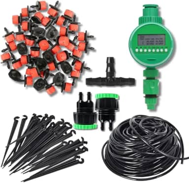 Kit Irrigação Gotejamento com Temporizador Automático | 20 Gotejadores + 30m Mangueira | Sistema Programável para Vasos, Hortas, Estufas e Jardins