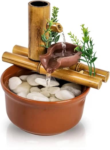 Fonte Decorativa de Mesa 19cm – Cascata com Bambu e 2 Quedas d’Água Estilo Zen