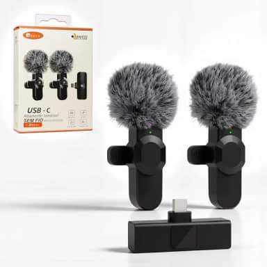 Kit 2 unidades Microfone de Lapela, Lapela Sem Fio Duplo com Redutor de Ruído e Wind Shield Profissional para Vídeos de Gravação Externa ou Interna- Conector USB-C