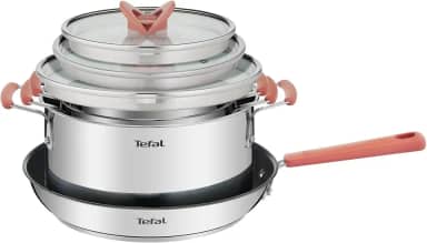 Jogo de Panelas Inox Tefal Opti’Space 4 Peças – Fundo Triplo para Indução, Frigideira Antiaderente com Thermo-Sinal, Caçarolas com Medidas Internas e Design Empilhável
