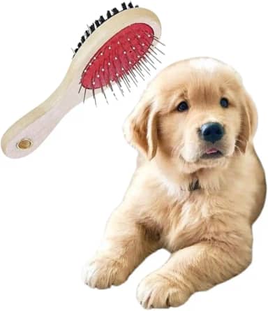 Escova Dupla para Pelos Longos de Cachorros e Gatos com Cabo de Madeira Ergonômico – Lado com Cerdas Macias e Pinos Metálicos para Desembaraçar, Remover Sujeira e Dar Brilho ao Pelo do Pet