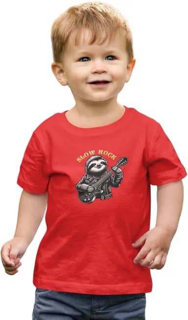 Camiseta Infantil Menino Menina Slow Rock Preguiça Guitarra Tamanho:4;Cor:Vermelho