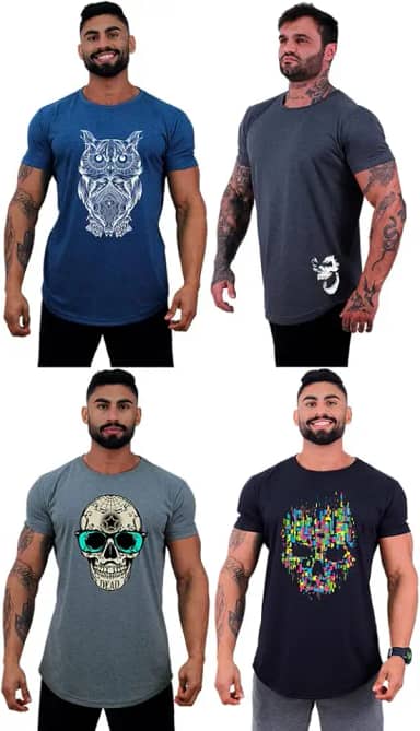 Kit 4 Camiseta Masculina Longline MXD Conceito Cores Básicas Discretas Diversas Estampas Casuais Treino Musculação