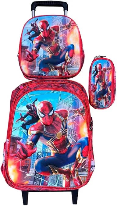 Kit Mochila Infantil Aranha 3D com Rodinhas + Lancheira Térmica + Estojo Escolar Infantil em Alto Relevo