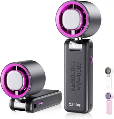 Basike Ventilador de Mão Portátil Recarregavel com Display Digital, Função Resfriamento, 100 Níveis, 12W Bateria 6000mAh, Anjo Ajustável 180°, para Casa, Viagens e Escritório Durante o Verão (Preto)